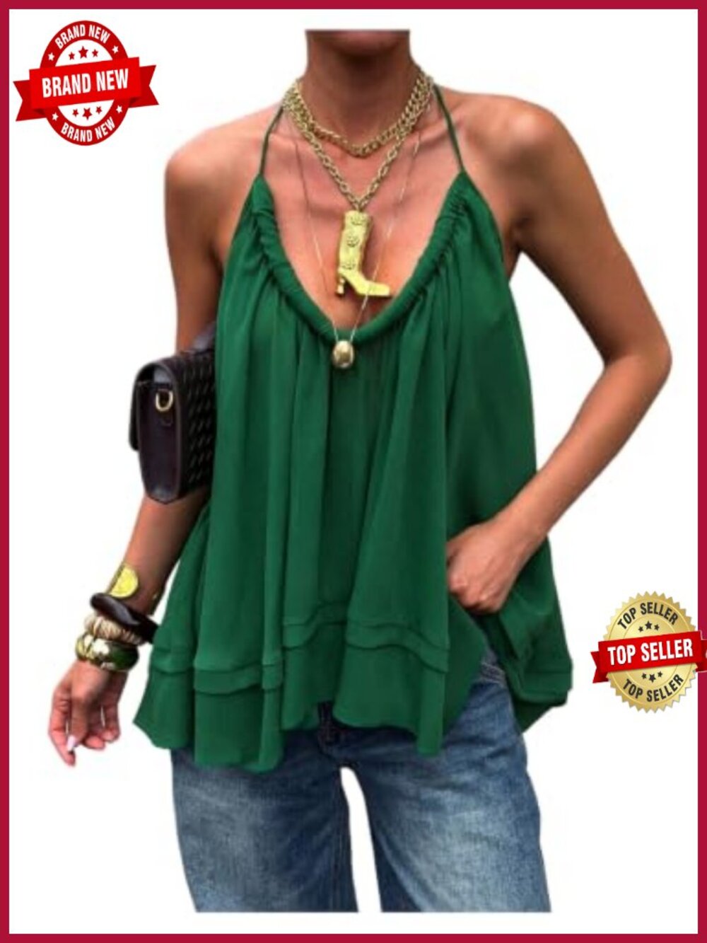 Flowy Halter Top Deep V Neck Tie Back Sleeveless Ruched Peplum Babydoll Camisole